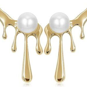 Crystal Pearl Teardrop Drop Dangle Earrings Unique Waterdrop Gold w Pearls Class